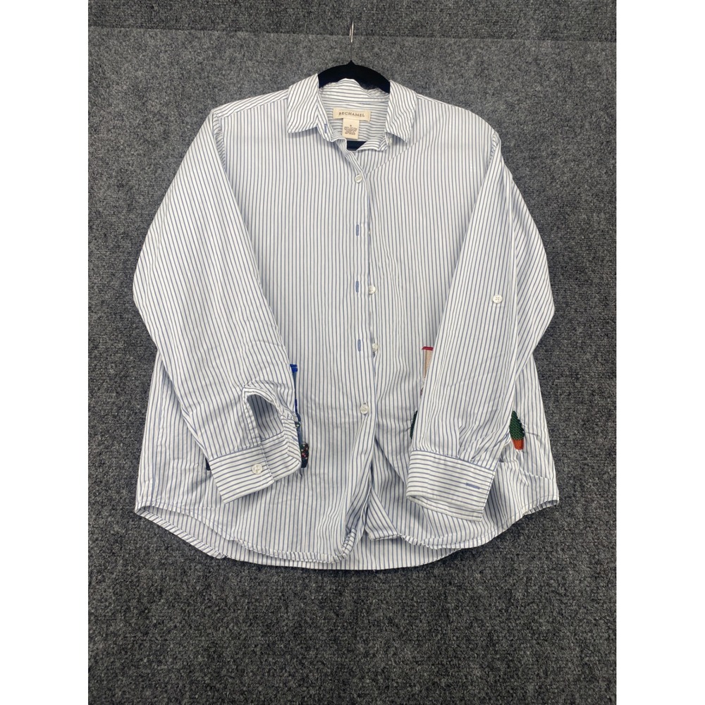 Bechamel Embroidered Storefront Stripe Shirt Womens Small Blue White Cotton Top
